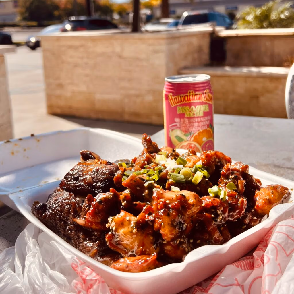 Hawaiian Food, Furitake Chicken and Short with a Hawaiian Sun Drink